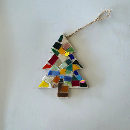 Tree ornament sample of the large tree ornament.   Mosaic pattern is random colored glass and beads.