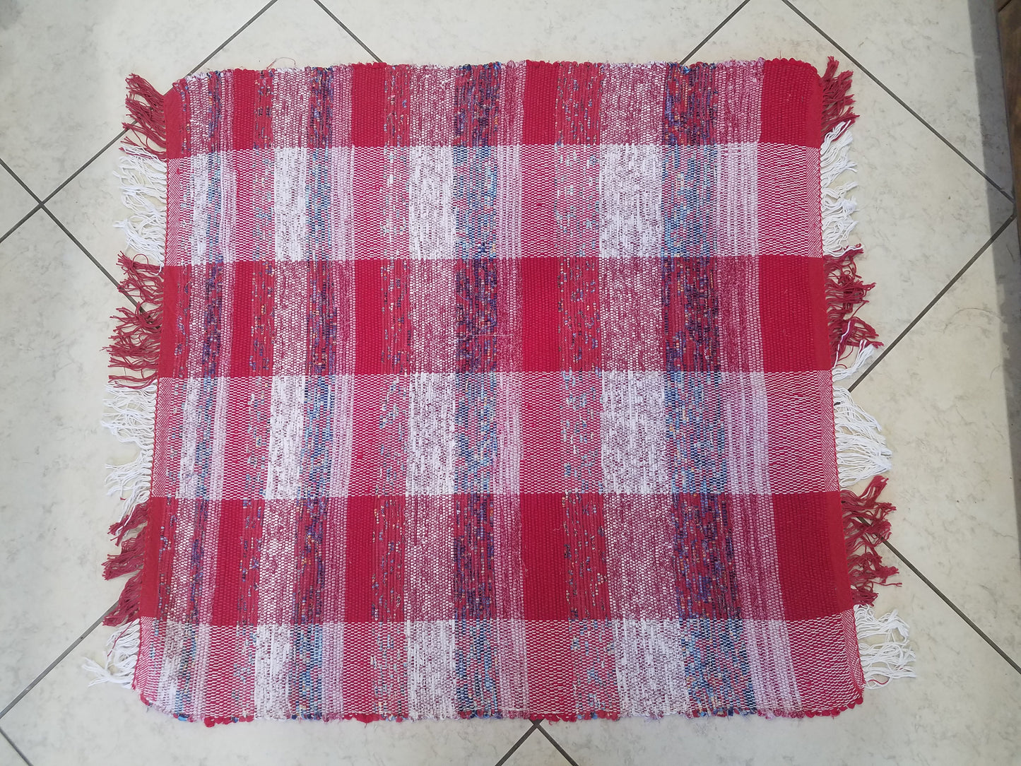 Woven Red and White Striped Rag Rug