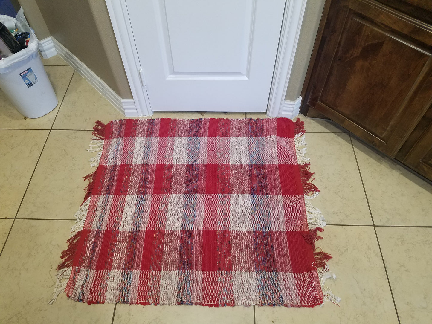 Woven Red and White Striped Rag Rug