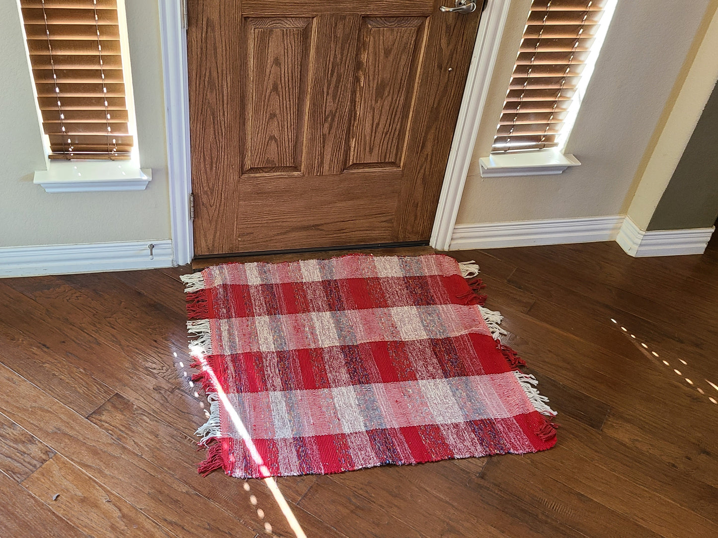 Woven Red and White Striped Rag Rug