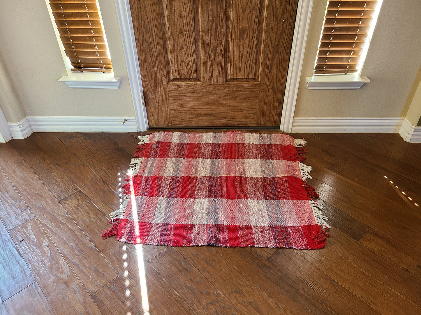 Woven Red and White Striped Rag Rug