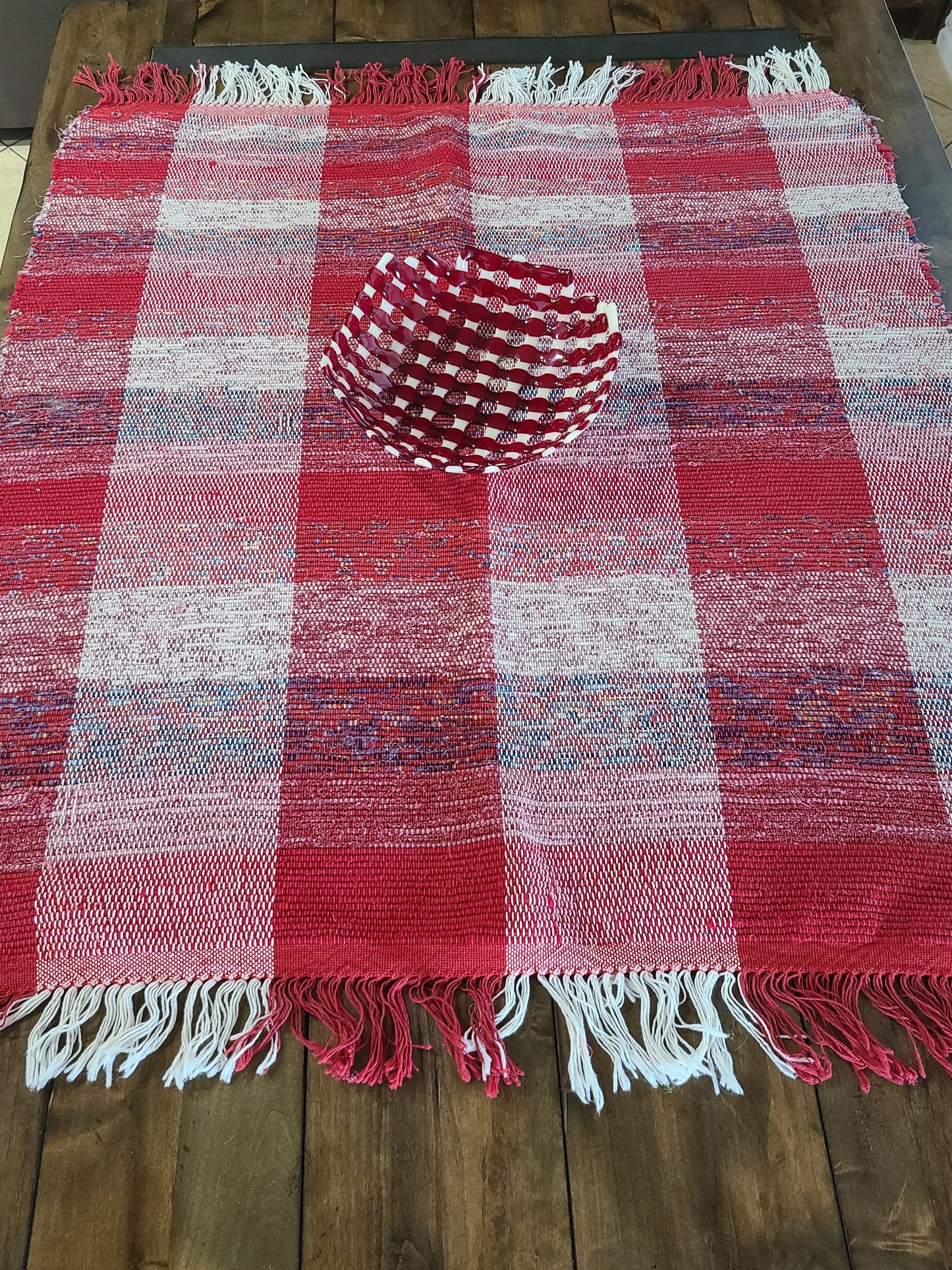 Woven Red and White Striped Rag Rug