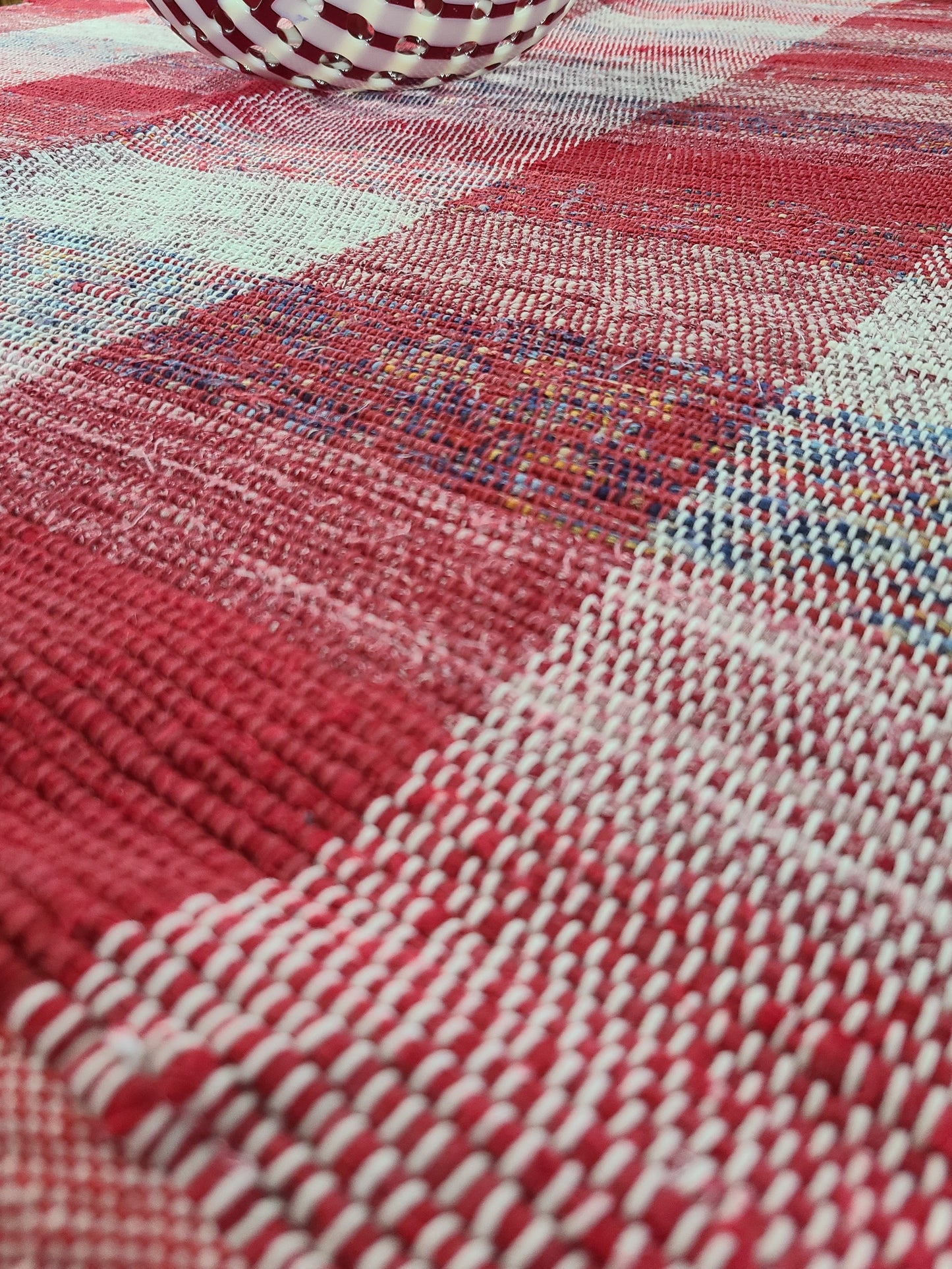 Woven Red and White Striped Rag Rug