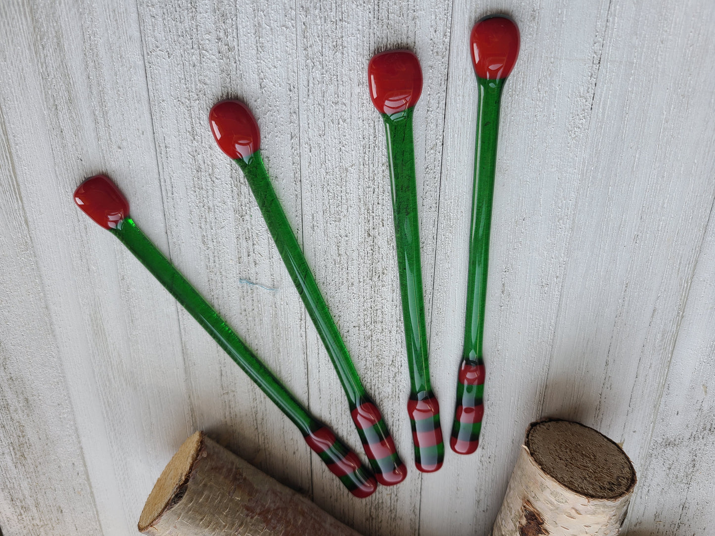 Glass Swizzle Sticks, Red and Green Drink Stirrers,