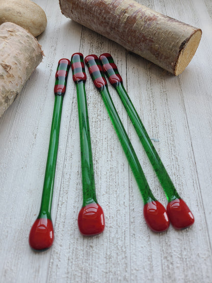 Glass Swizzle Sticks, Red and Green Drink Stirrers,