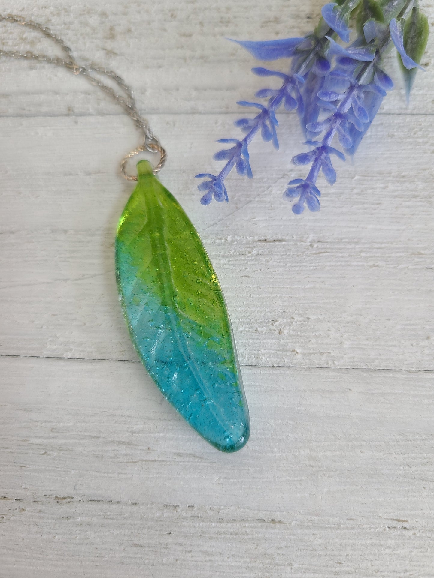 Glass Feather Pendant, Transparent Blue and Green