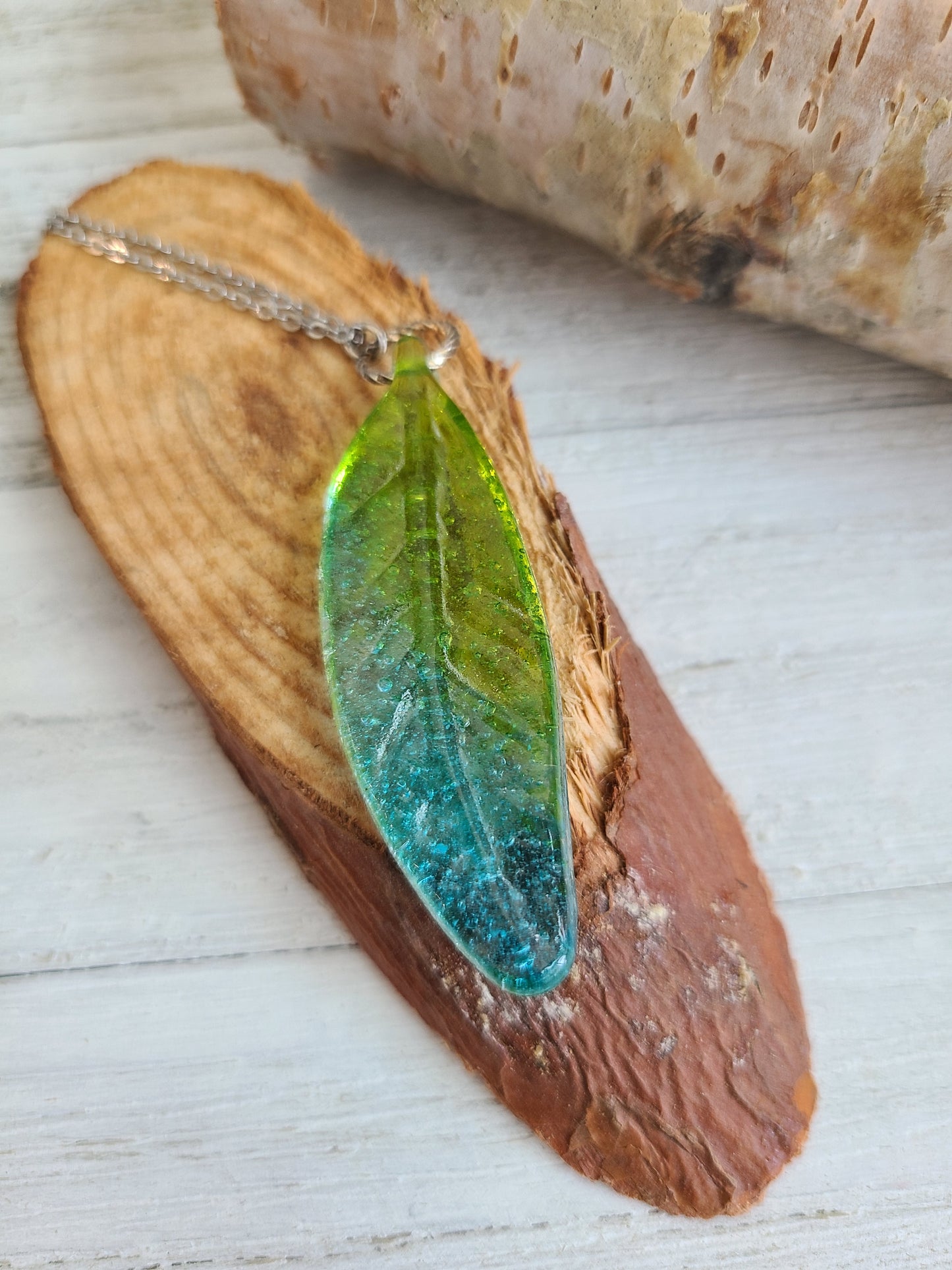 Glass Feather Pendant, Transparent Blue and Green