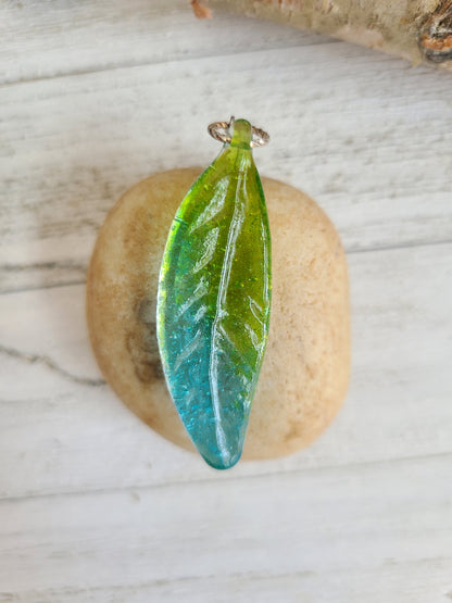Glass Feather Pendant, Transparent Blue and Green