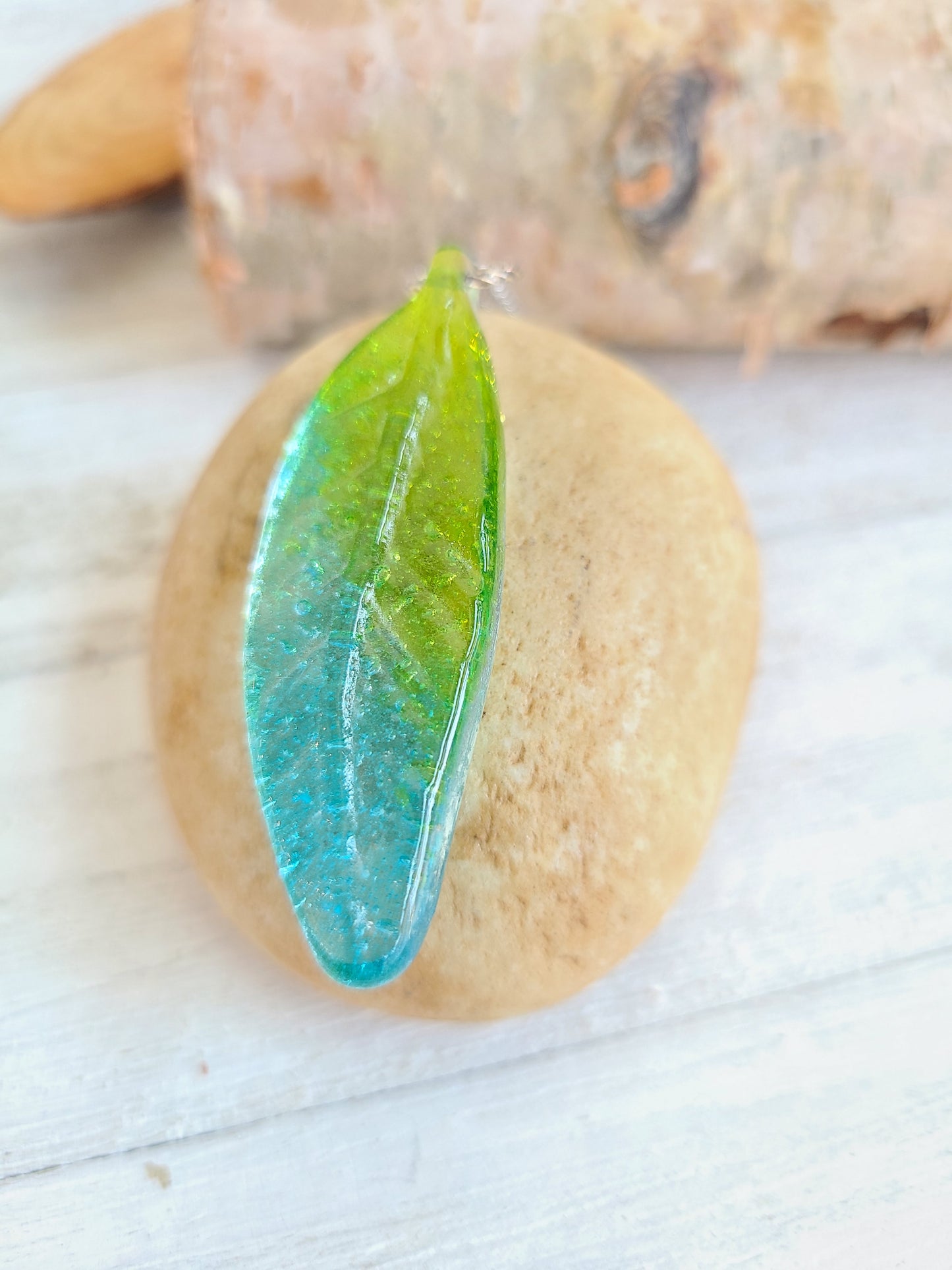 Glass Feather Pendant, Transparent Blue and Green