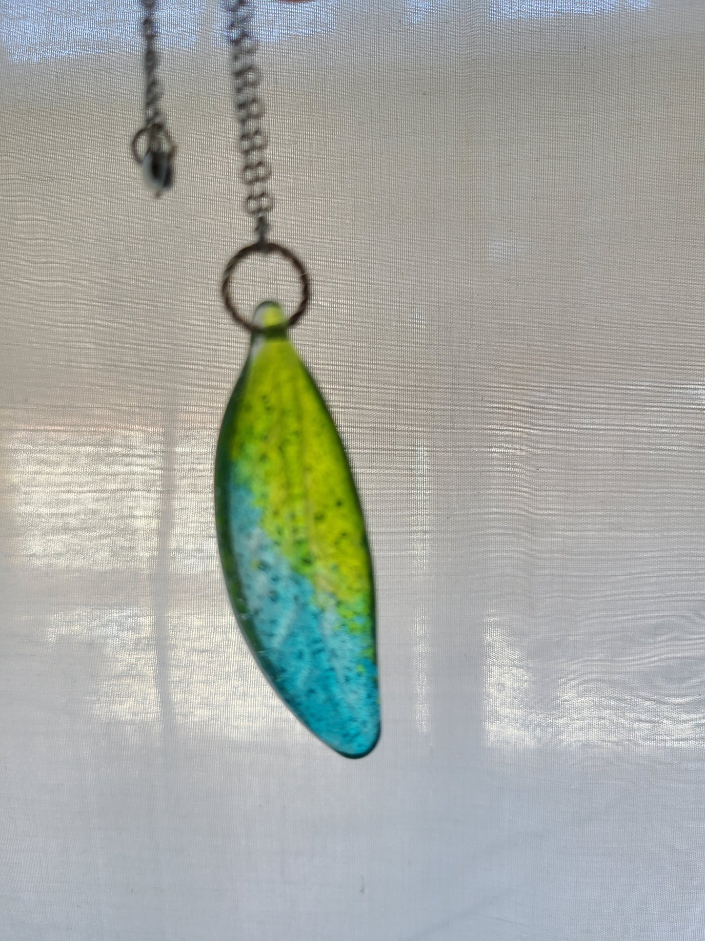 Glass Feather Pendant, Transparent Blue and Green