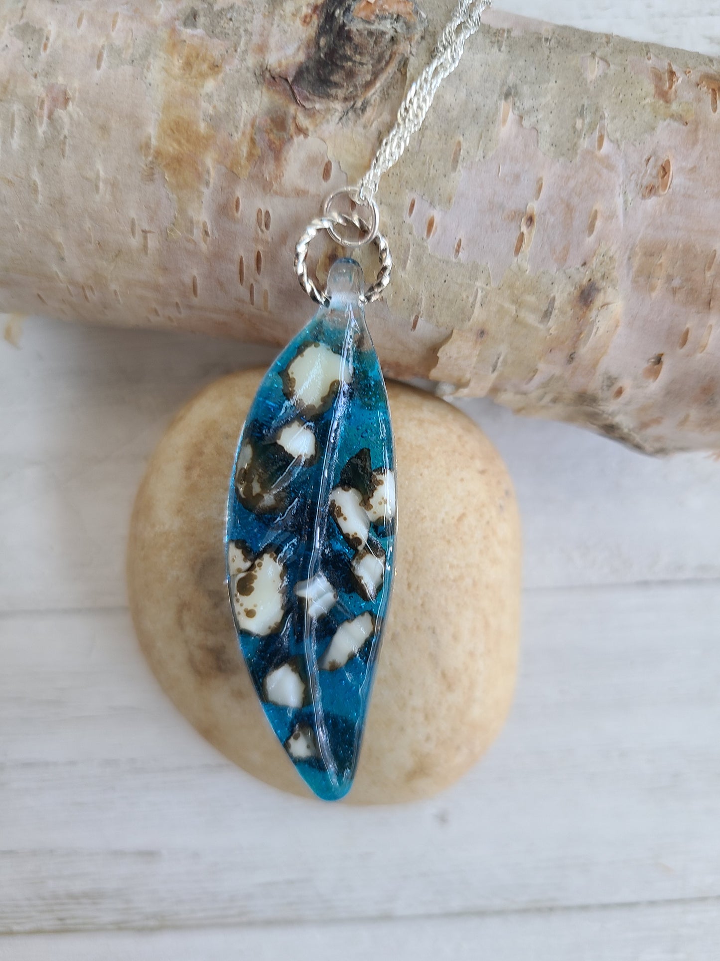 Glass Feather Pendant, Transparent Turquoise