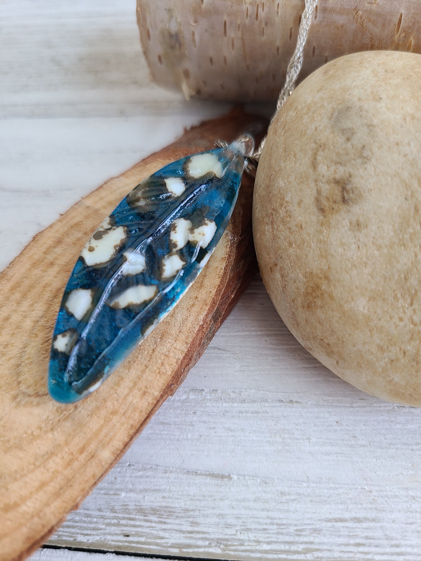 Glass Feather Pendant, Transparent Turquoise