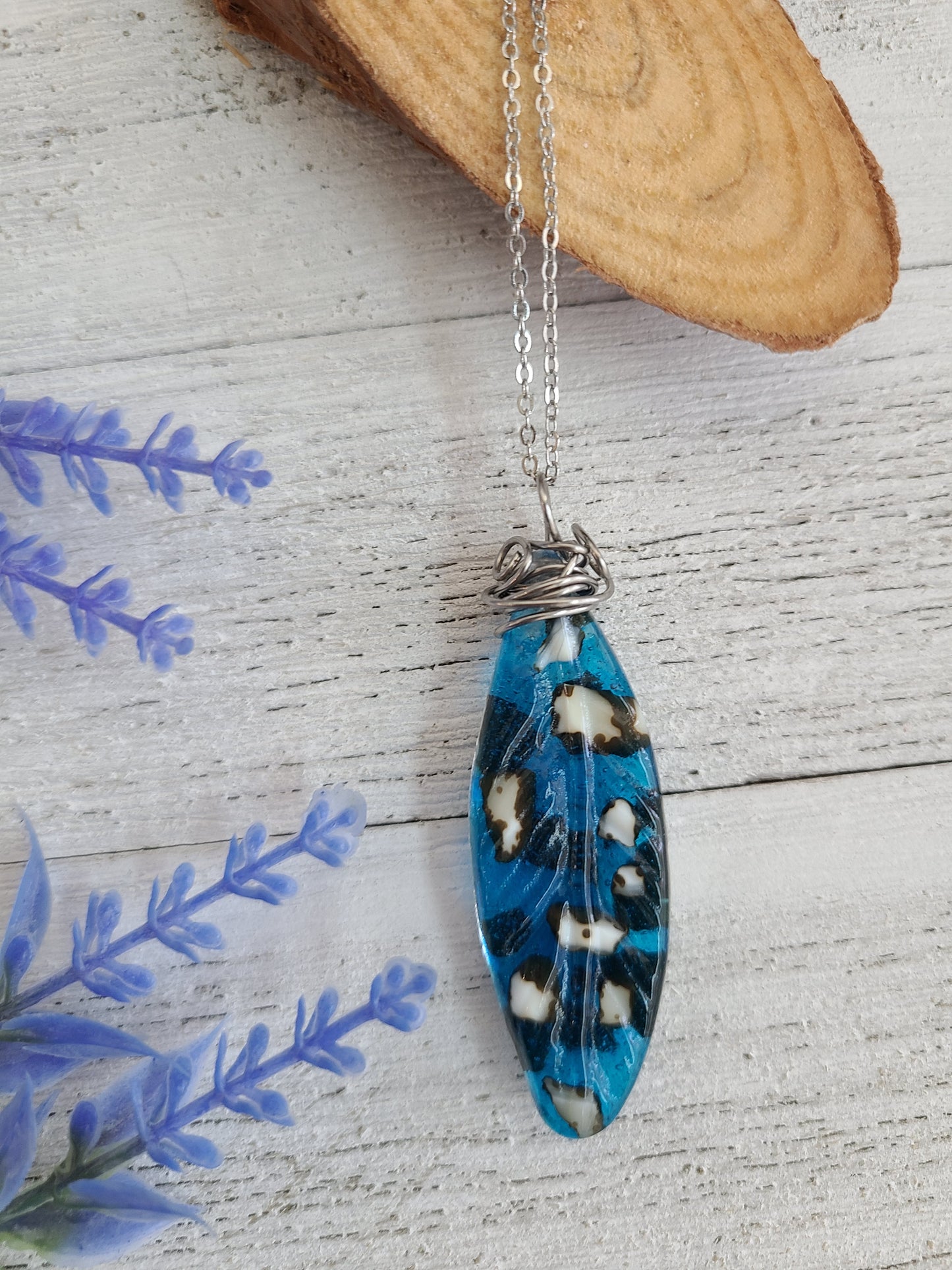 Glass Feather Pendant, Transparent Turquoise