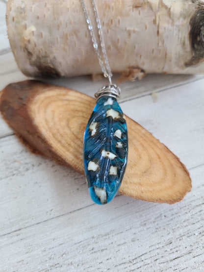 Glass Feather Pendant, Transparent Turquoise