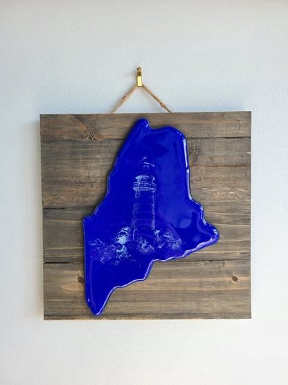 State of Maine, Maine Art, Lighthouse Decor, Fused Glass Art, Maine Gifts, Glass on Wood, Cobalt Blue, Wall Decorations