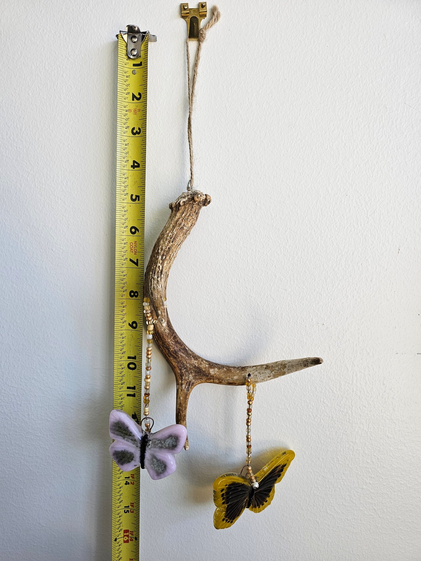 Antler and Glass Butterfly Windchimes, Pink and Yellow Fused Glass Butterflies