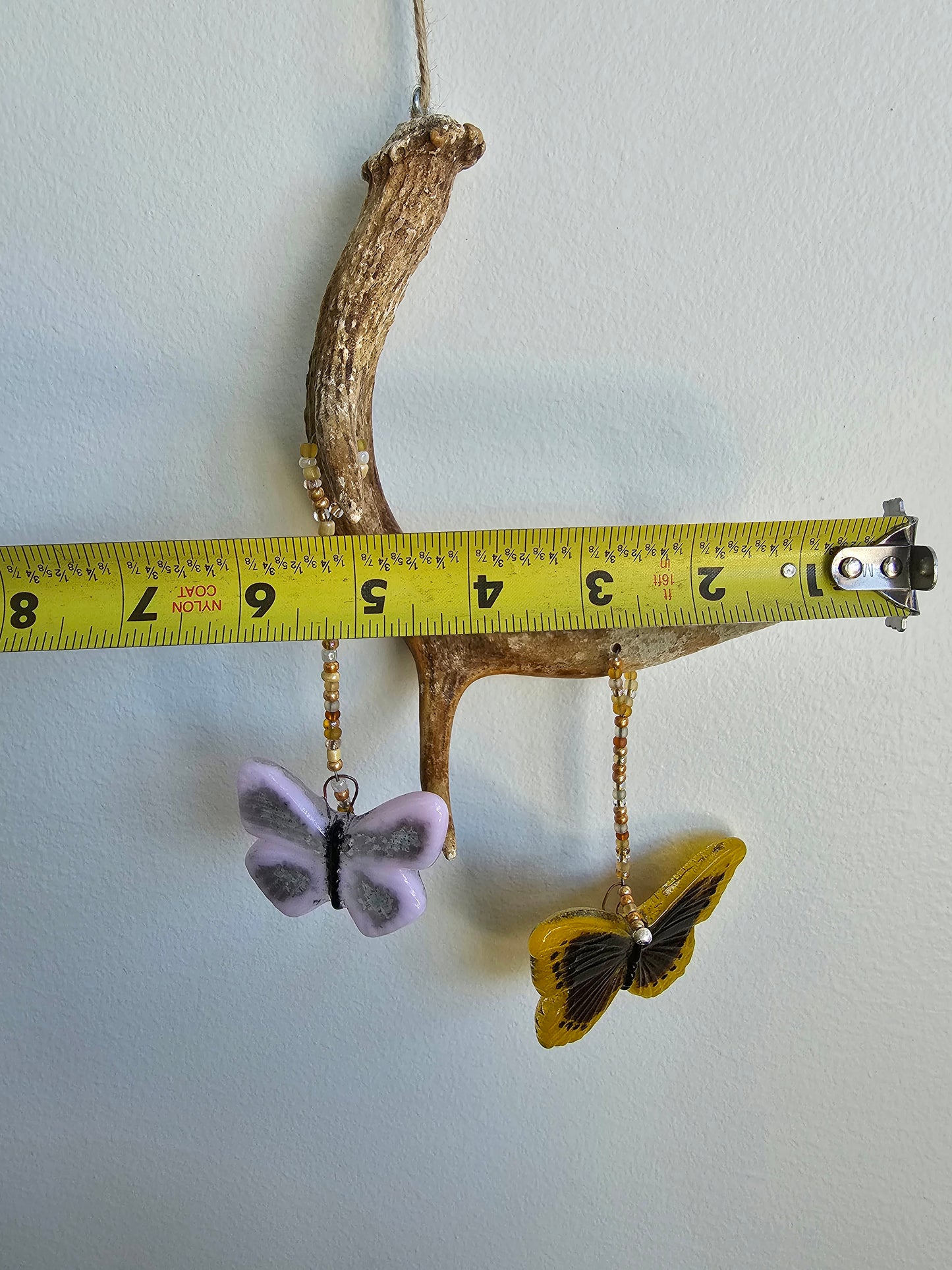 Antler and Glass Butterfly Windchimes, Pink and Yellow Fused Glass Butterflies