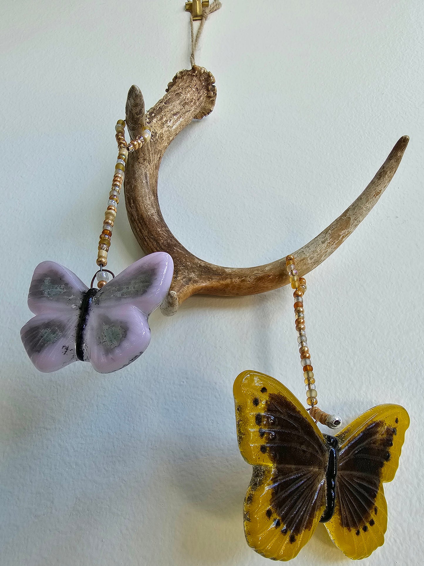 Antler and Glass Butterfly Windchimes, Pink and Yellow Fused Glass Butterflies