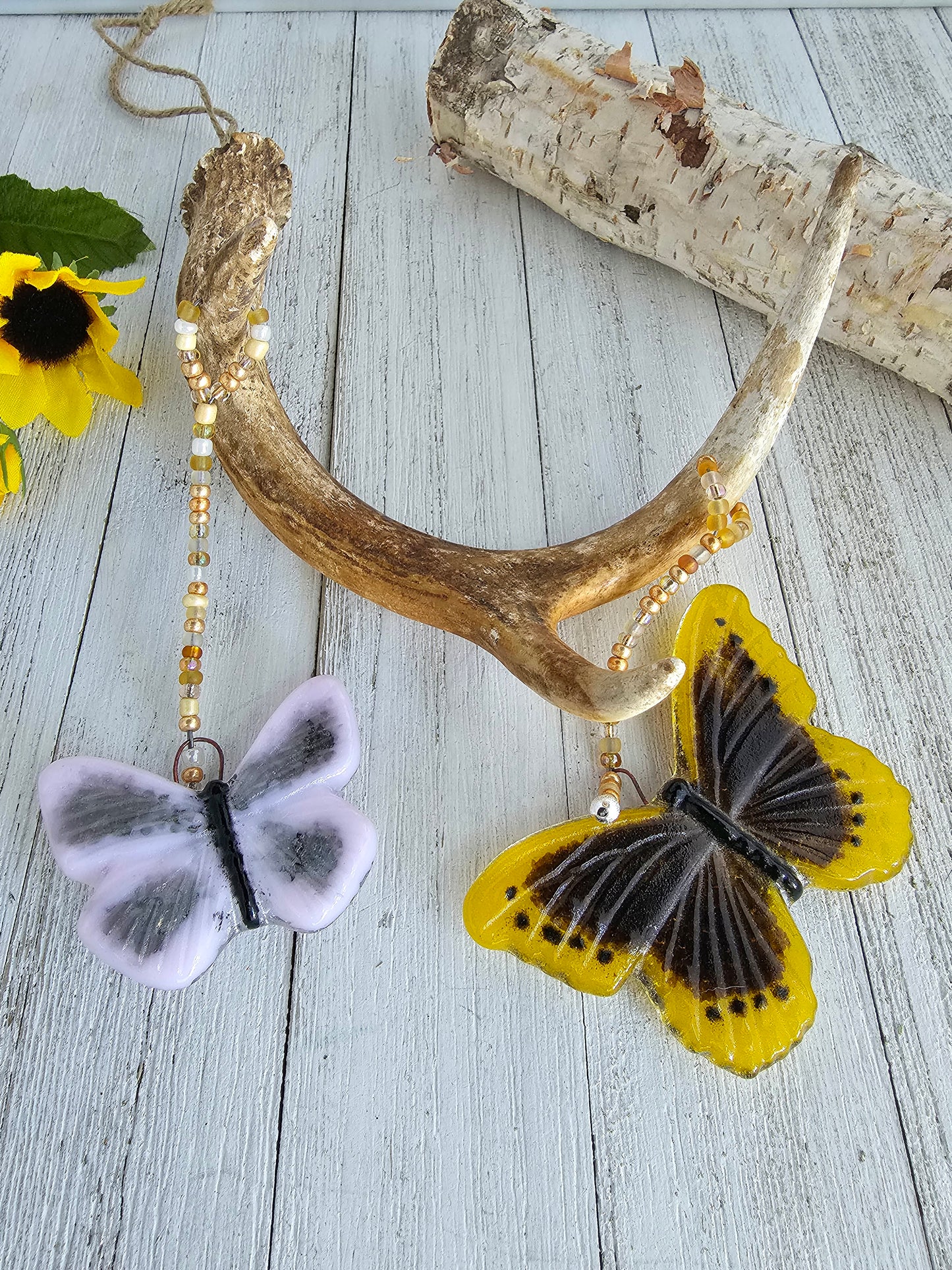 Antler and Glass Butterfly Windchimes, Pink and Yellow Fused Glass Butterflies