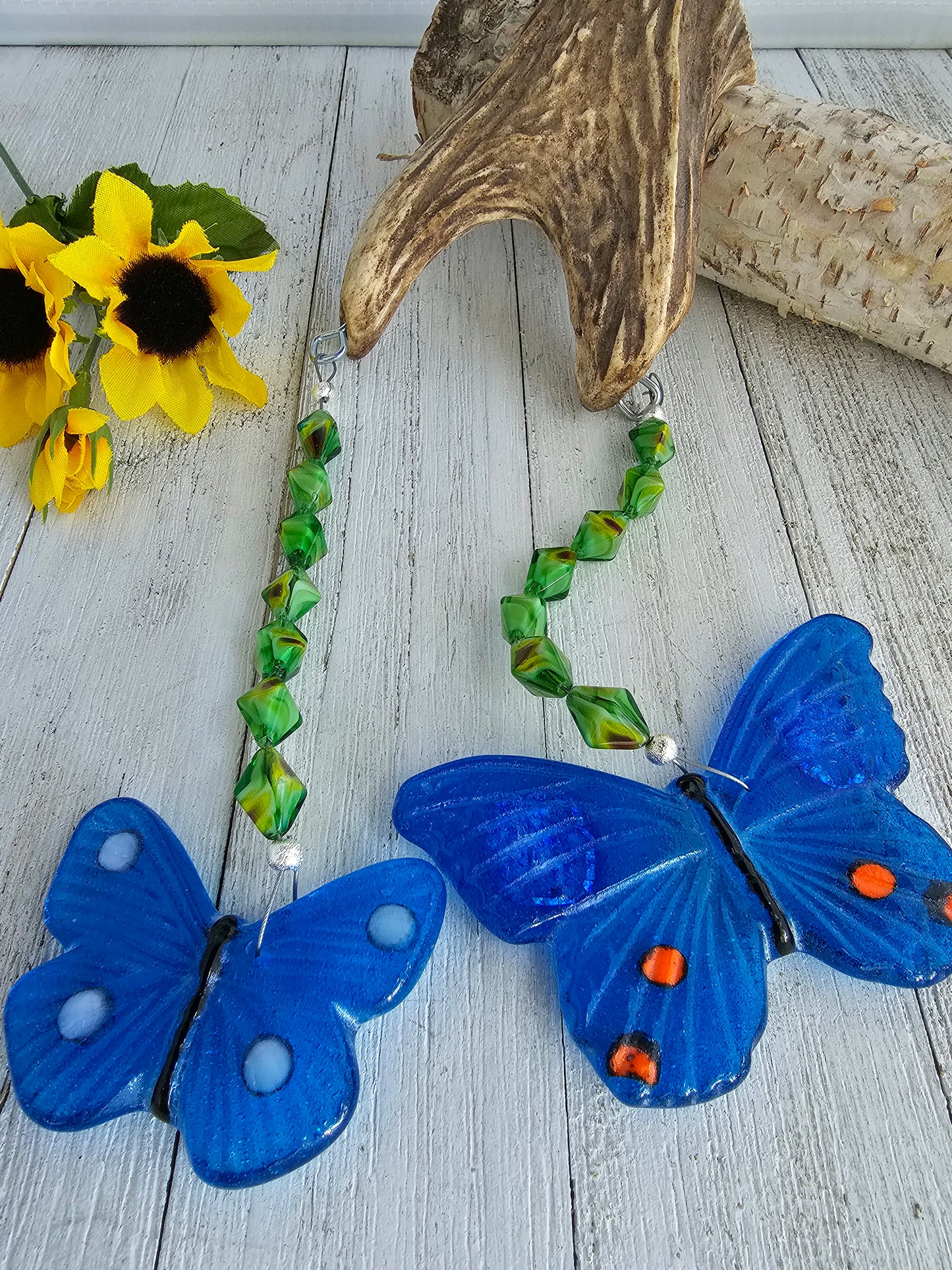 Antler and Blue Glass Butterfly Windchimes