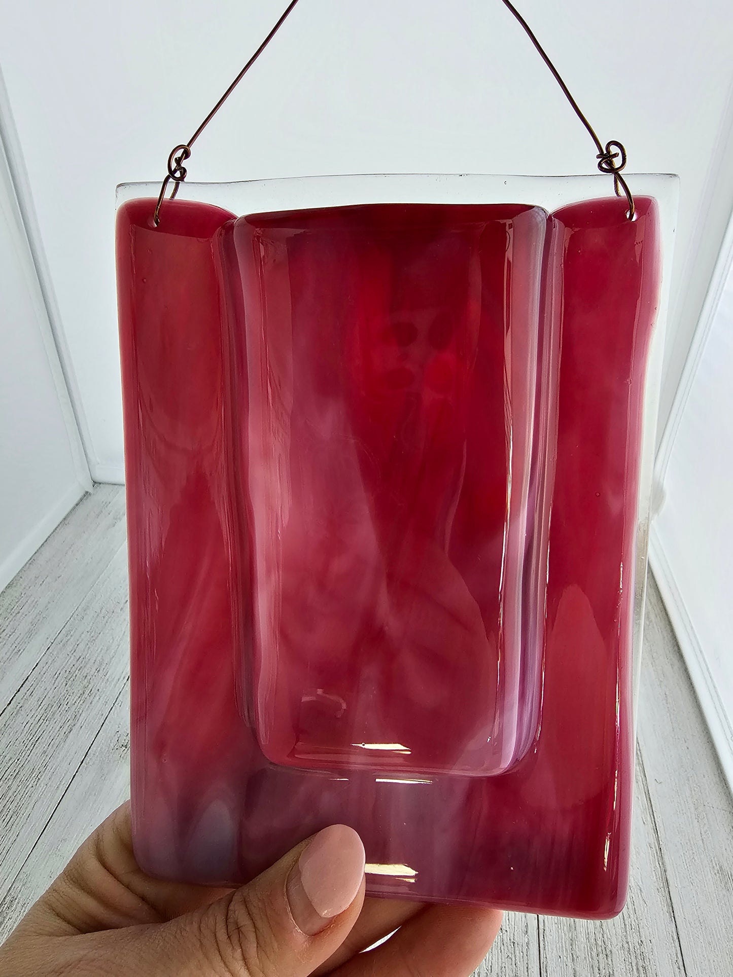 Pink Cranberry Wall Vase, Fused Glass Pocket Vase