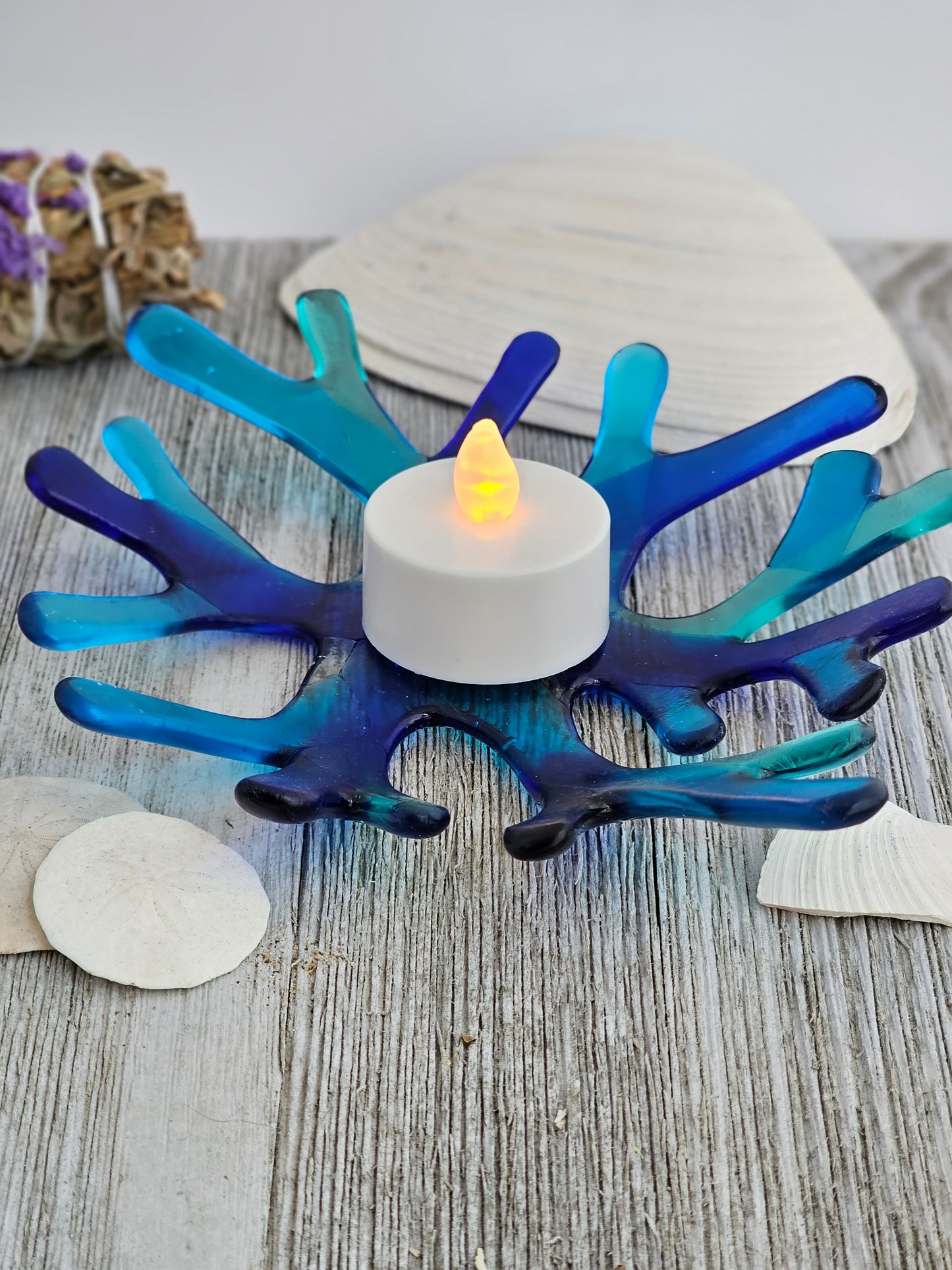 Shades of Blue Glass Coral Bowl Candle Holder