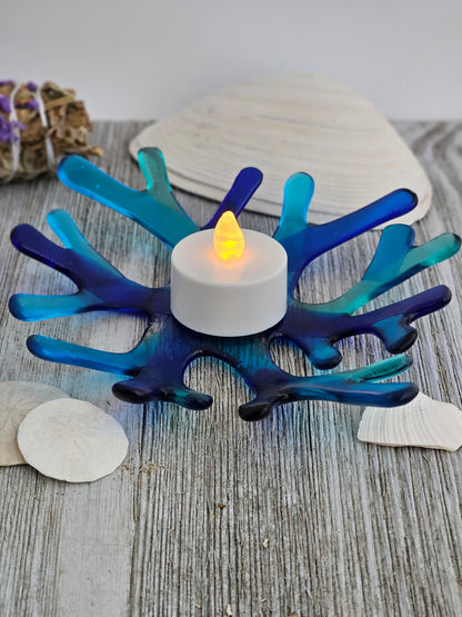 Shades of Blue Glass Coral Bowl Candle Holder
